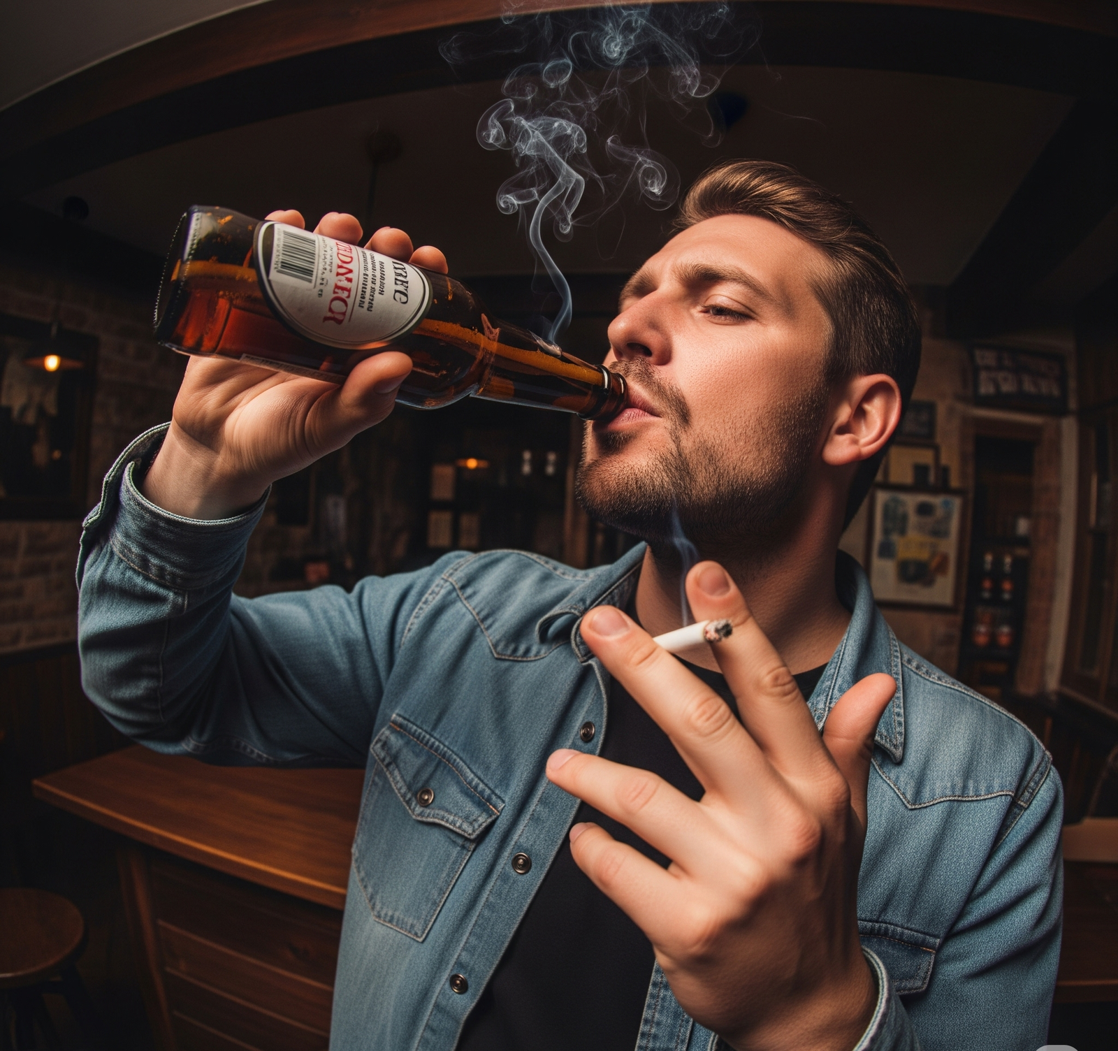man drinking beer and smoking cigarette