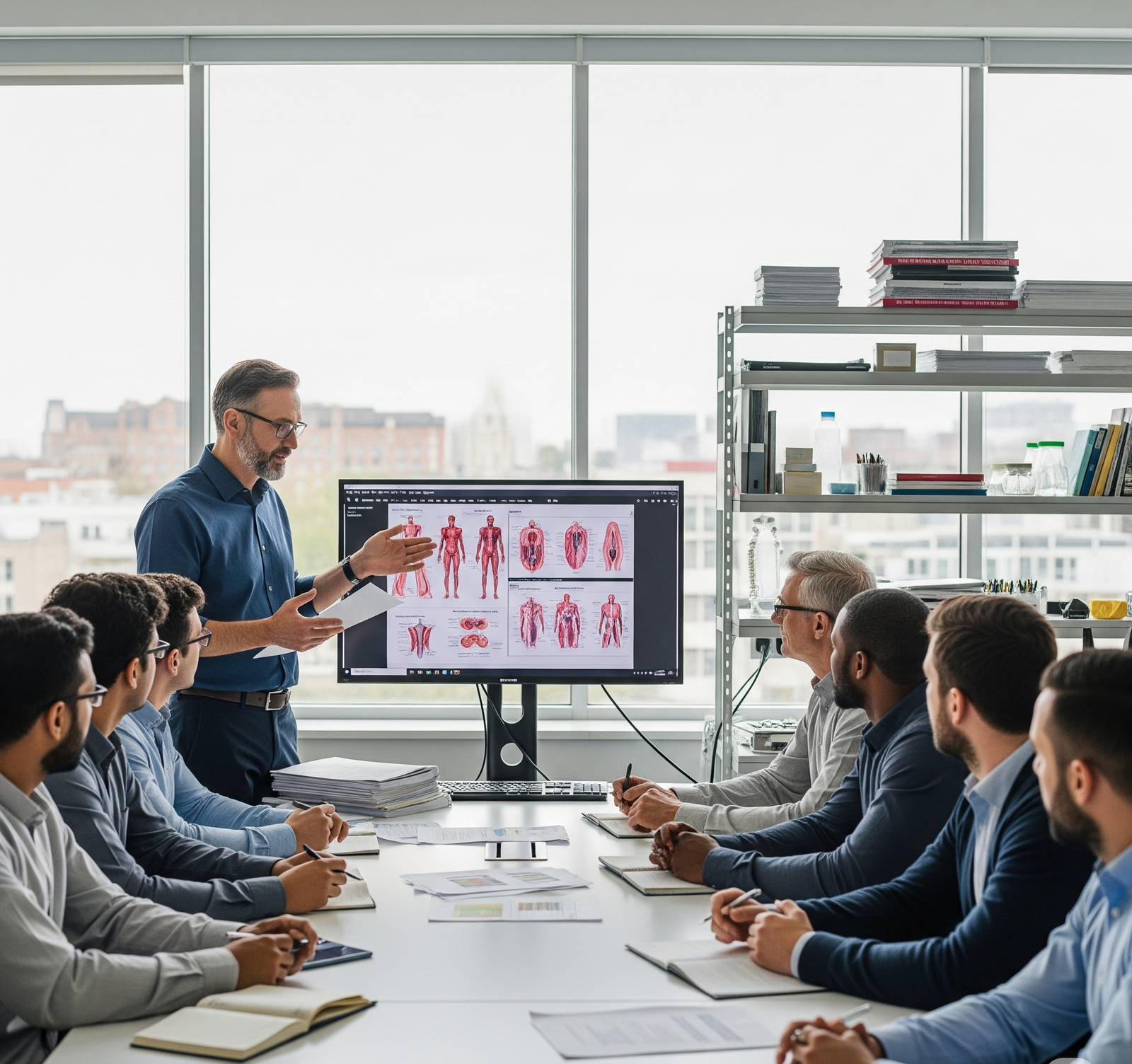 research meeting of men