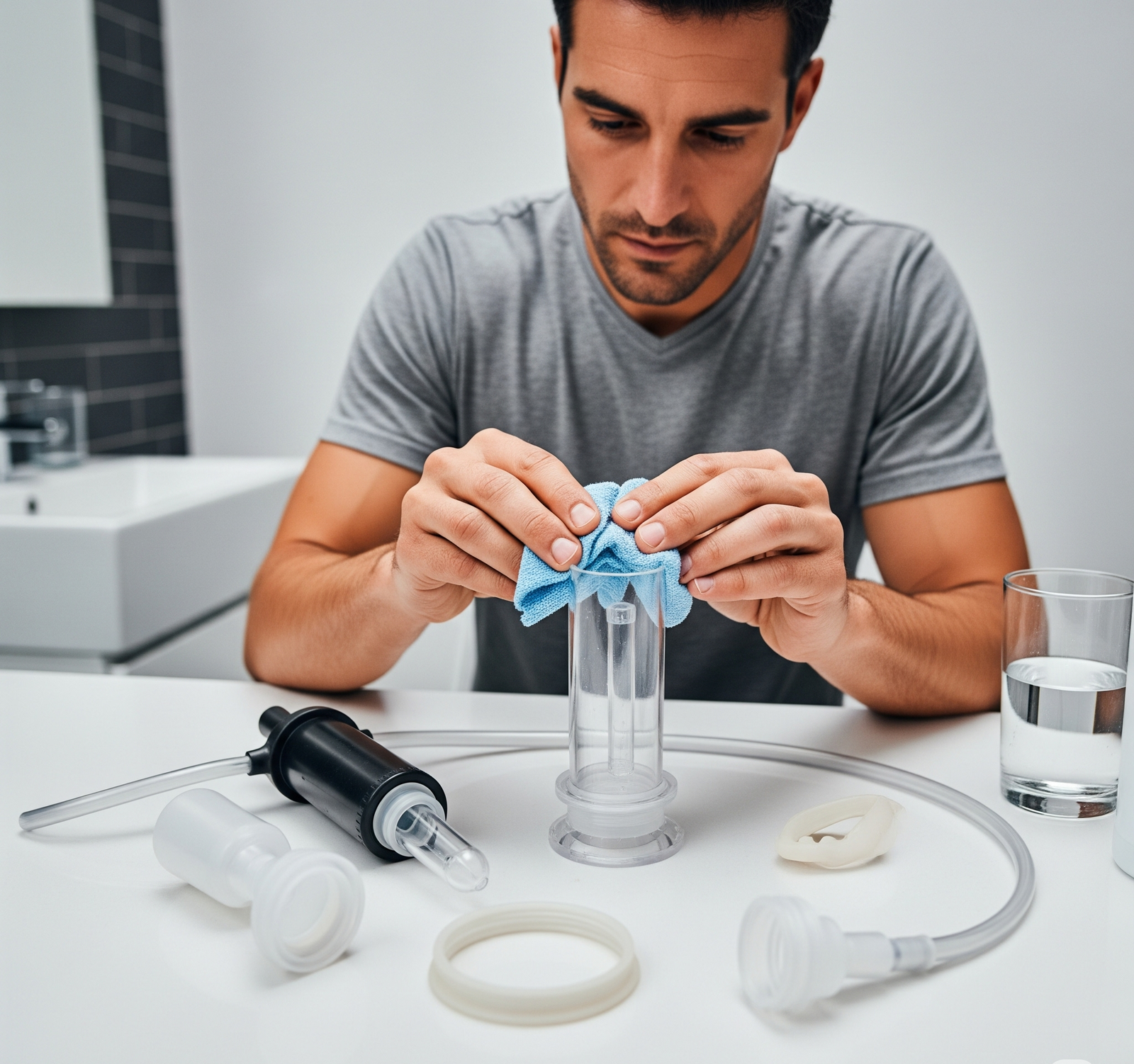 man cleaning penis pump