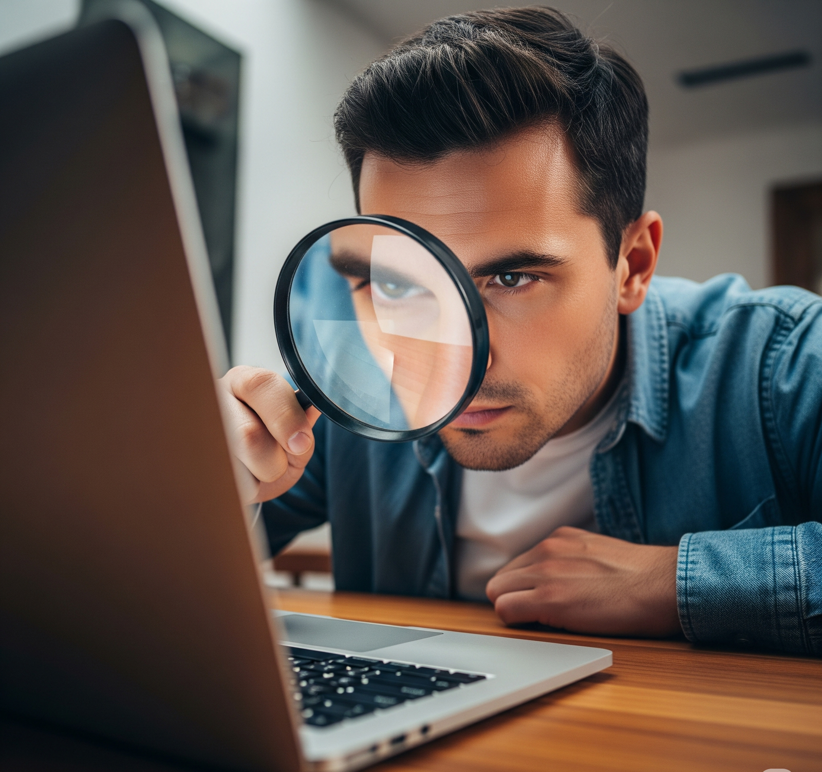man looking at computer with magnifying glass